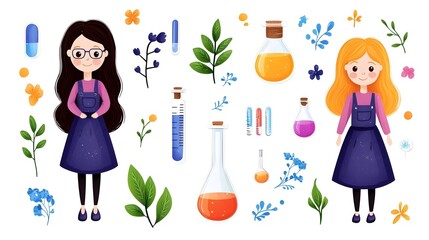 Women in Laboratory with Plants and Colorful Chemistry Equipment