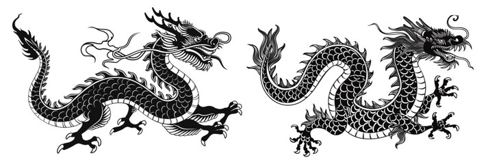 Obraz premium Vector Chinese dragon illustration, black ink, classic style, transparent background, Lunar New Year 2026, Year of the Dragon, legendary beast, oriental mythology