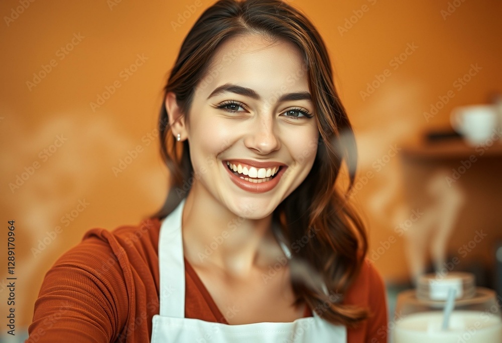 Wall mural Female Barista laughing while steaming milk