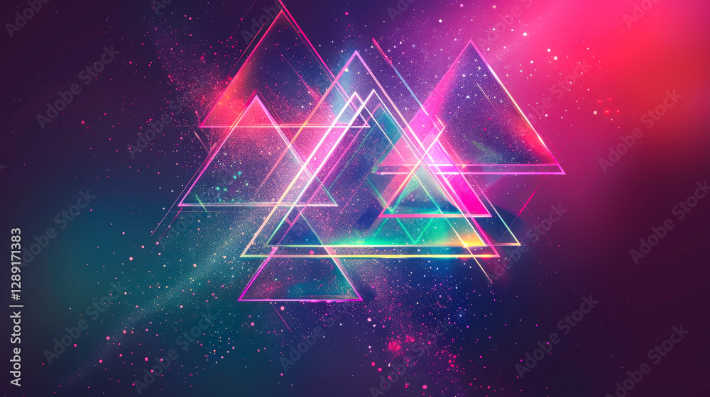 Poster vibrant geometric abstract art featuring colorful triangles and cosmic backgrounds