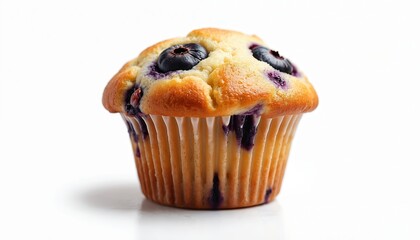 Delicious blueberry muffin isolated on white. Baked homemade snack, fruit dessert. Cupcake from bakery, fresh sweet pastry, tasty breakfast, culinary treat. Blue brown color. American dessert.