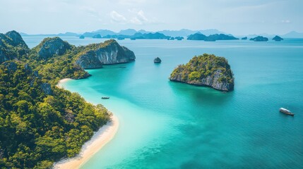 Fototapeta premium Top-down view of tropical waters surrounded by picturesque islands off southern Thailand, showcasing the beauty of untouched nature.