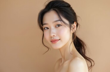 Beautiful young asian woman displays clean fresh skin on beige background. Face care, facial treatment, cosmetology, beauty and spa themes. Asian model portrait shows natural beauty.