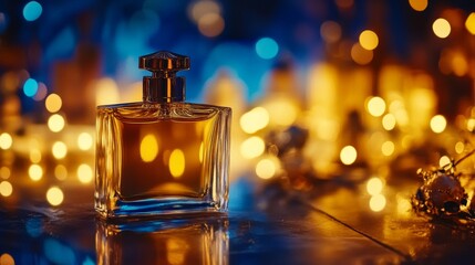 Elegant Perfume Bottle with Warm Lights in Soft Focus Background