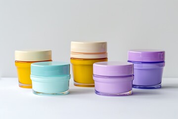Five colorful cosmetic jars in different shapes for beauty and skincare products white background