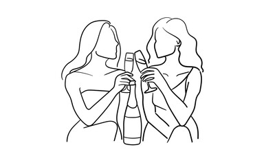 Friendly party girls drink, continuous line art drawing isolated on white background. Hands toasting with wine glasses with drinks. Cheers toast festive decoration for holidays. Vector illustration