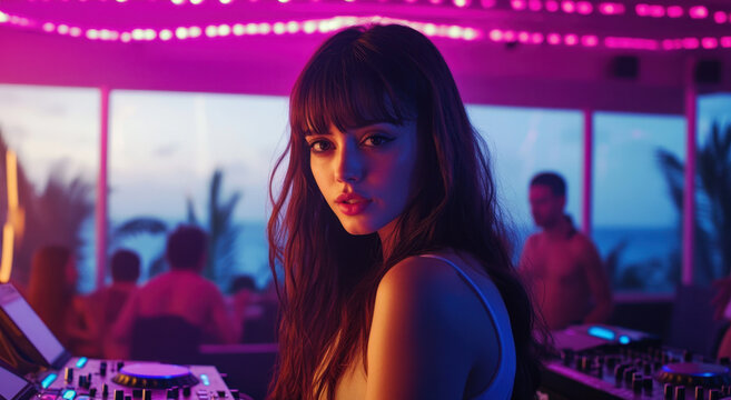 A skilled DJ performs passionately in front of an enthralled crowd as the sun sets, creating a vibrant atmosphere at a beach venue