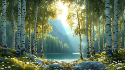 Sunny landscape of a birch forest with greenery and sunlight streaming through the trees. Lake