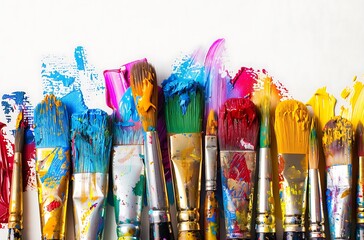 Paintbrushes with colorful paint strokes art supplies white background