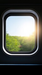 Naklejka premium Beautiful window with a clear view of lush green trees and bright blue sky outside