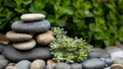 Obraz premium Rock garden featuring a balanced stack of pebbles alongside vibrant succulent plants in a serene, green backdrop