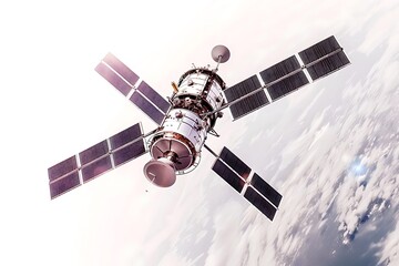 Fototapeta premium Space satellite orbiting in space communication technology white background