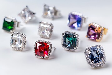 Sparkling diamond earrings with various gemstone cuts luxurious fine jewelry white background