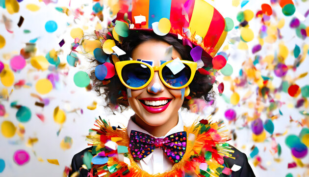eine, frau, clown, karneval, k&ouml;ln, alaaf, neu, modern, mit, konfetti, bunt, feier, party, abstract, kunst, design, karte, banner, deutschland, rheinland, bonn, beul, weiberfastnacht, rosenmontag, ad