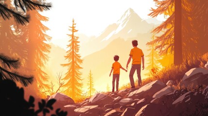 back view of active family of two, father and son, enjoying valley and mountain, active family vacation concept, father day concept.
