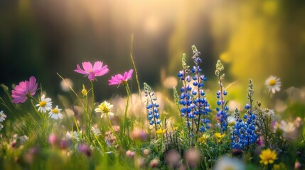 Obraz premium Beautiful colorful wild flowers in deep foggy forest with sun light in Spring.