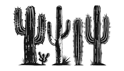 Cacti stamp illustration, retro desert style, distressed grunge texture, vintage stencil, southwestern cactus design, desert plant art, nature artwork, desert decor © aura studio