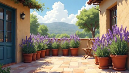 Fototapeta premium Lavender plants in pots on a sunny terrace with mountains