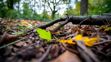 Obraz premium Low Angle View of Fallen Autumn Leaves and Tree Branch on Forest Floor