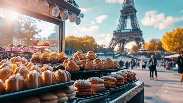 A display of fresh croissants and pastries in front of the Eiffel Tower on a sunny day in Paris