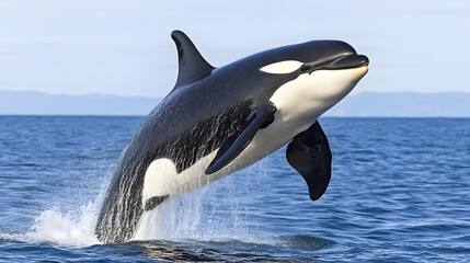 A Majestic Orca Breaching in Clear Blue Ocean Waters