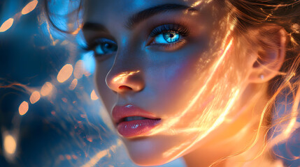 Fototapeta premium Abstract fine art portrait with glowing features studio digital artwork artistic environment close-up view ethereal aesthetics
