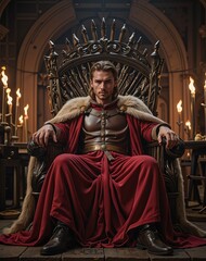 Naklejka premium A medieval king sitting on a massive throne, his hands gripping the armrests tightly as he stares down at his court with an unreadable expression