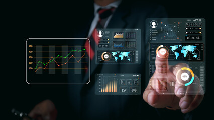 2025, Graph Analyst working with Business, Concept digital transformation technology strategy, Analytics and Data Management System on computer, make a report with KPI connected to database.