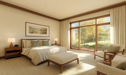 Fototapeta premium Calm bedroom interior design with neutral tones, large windows showing autumn foliage, and wooden furniture