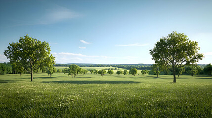Fototapeta premium Summer Meadow Landscape with Lush Green Grass and Scattered Trees under a Blue Sky