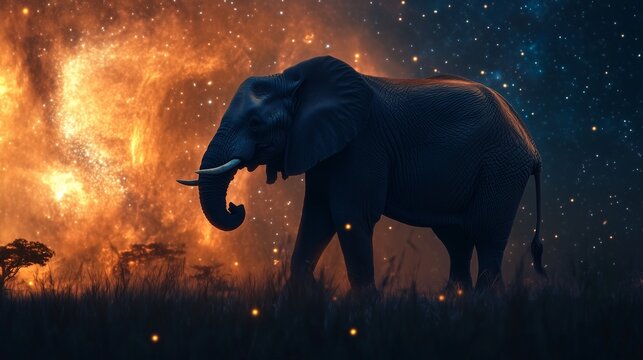 Fototapeta Słoń kroczący w afrykańskim krajobrazie na tle gwiazd i złotej poświaty