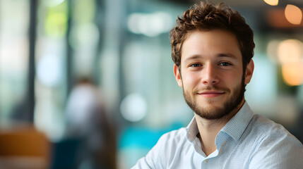 Fototapeta premium Bright commercial advertisement portrait of a young man in a modern office environment professional and engaging atmosphere
