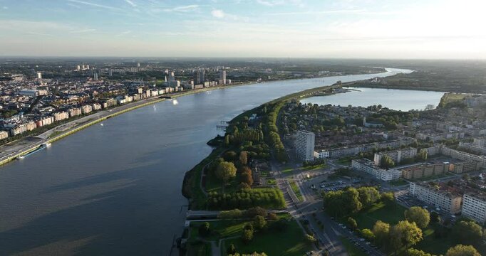 City of Antwerp, Belgium, along the Schelde river, next to downtown Antwerp. Aerial view