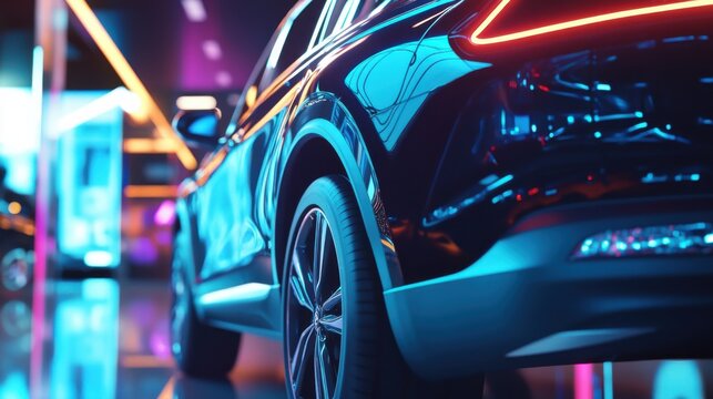 A car showroom showcasing a luxury family SUV with hybrid technology. Featuring family comfort and efficiency