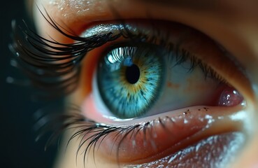 Extreme close-up of human eye with visible tear. Beautiful blue iris macro with detailed eyelash, eyebrow features. Eye conveys deep emotion, vulnerability and resolve, vision of inner strength.
