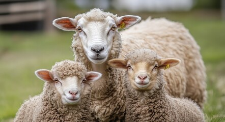 Obraz premium Heartwarming Moments: Lincoln Sheep Family Bonding at the Farm - Cute and Fluffy Companions from a Low Angle Perspective