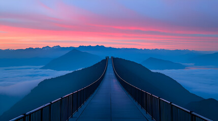 Obraz premium Elevated Bridge at Sunrise Over Foggy Mountains