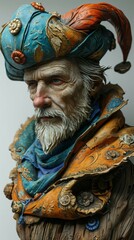 Detailed sculpture of a mature man in an elaborate, colorful jester's hat.