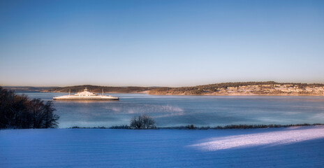 The Bastø Ferry Commuting between Moss and Horten in the Oslo Fjord, Norway, with Jeløya Island in Moss