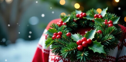 a festive wreath made from evergreen branches and holly on top of a colorful Christmas sweater, christmas tree, twig, winter wonderland