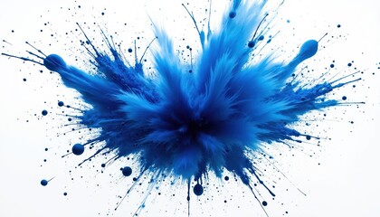 Fototapeta premium Bold blue explosion effect isolated on white background. Dramatic vibrant energetic abstract shape splashes. Colourful dust glittering glowing splash pattern texture. Artistic dynamic flash