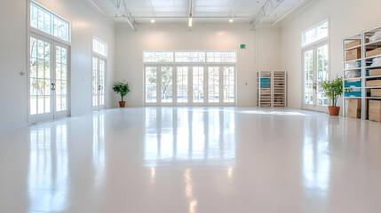 Bright studio space, sunlight, large windows, empty floor, storage shelves