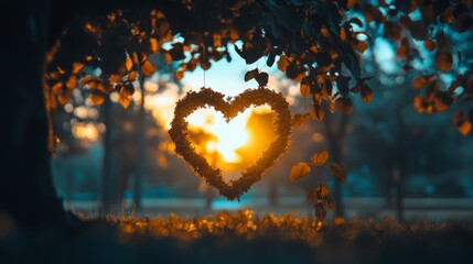 Fototapeta premium Heart-Shaped Floral Decoration with Sunset in Nature Scene