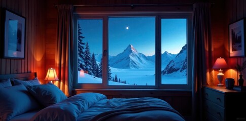 Cozy bedroom with a window looking out over snowy arctic landscape at night, window, landscape