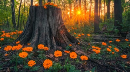 Sunlit forest with wildflowers around a tree stump at sunset, vibrant colors and serene atmosphere. Nature's beauty and tranquility concept