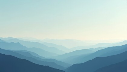 Fototapeta premium Blue mountain range with layers of hills under clear sky. Nature landscape of mountain valley with forest in background. Serene travel scenery, peaceful wild environment, fresh air and calm.