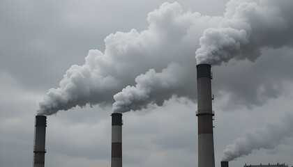 tall chimneys emitting thick smoke, which indicates the presence of an industrial facility, such as a factory or power plant, against a gray overcast sky.Ecology