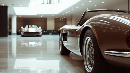 A car showroom showcasing a luxury roadster. Featuring classic design and cutting-edge performance