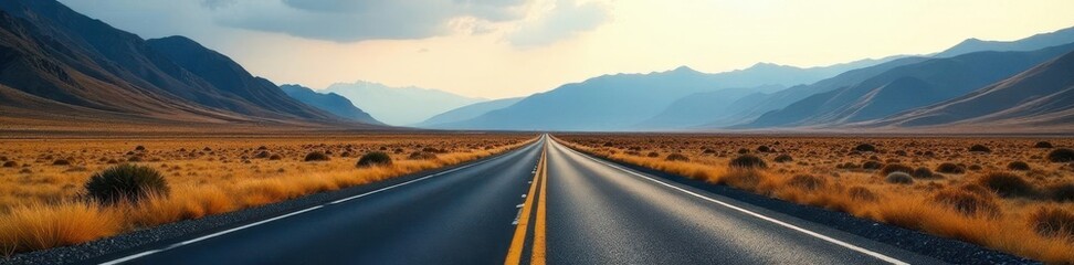 Fototapeta premium Long winding road with mountains in the distance, isolation, emptiness