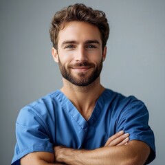 Fototapeta premium A healthcare icon featuring a young male intern in a blue medical outfit, isolated on a hospital backdrop, portraying a dentist